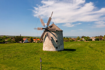 Aerial view about traditional windmill at Tes, Veszprem county, Hungary. Hungarian name is Tesi szelmalmok.