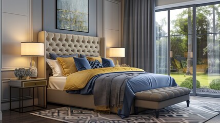 A serene master bedroom with blue and yellow bedding, accompanied by a tufted headboard and soft lighting, offering a peaceful haven for rest and relaxation.