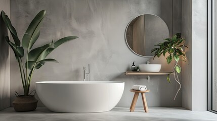 Fototapeta premium A minimalist bathroom with an oval freestanding bathtub, a large mirror above it and a small wooden stool next to the bathtub. The walls are done in soft gray tones, which creates a calm atmosphere.