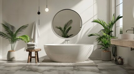 Fototapeta premium A minimalist bathroom with an oval freestanding bathtub, a large mirror above it and a small wooden stool next to the bathtub. The walls are done in soft gray tones, which creates a calm atmosphere.