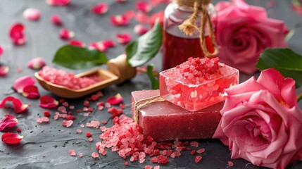 Sea salt, rose aroma oil and soap bar, rose petals. SPA treatment set, Spa concept