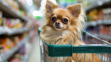 A small chihuahua dog sits in a shopping cart at the supermarket