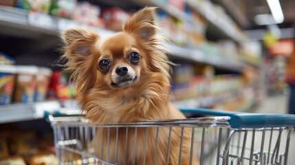 A cute chihuahua is sitting in a shopping basket at the supermarket. A long-haired brown little dog looks at the camera