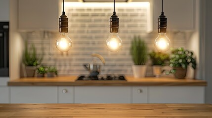 Obraz premium Contemporary kitchen with white cabinets and wood countertop, close-up of hanging light bulbs above table accented by wood grain, showing open space design with potted plants.