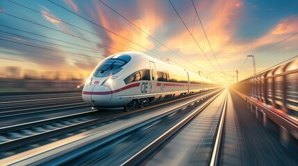 Obraz premium A high-speed train moves along the railway tracks at sunset. A modern high-speed passenger electric locomotive in white and orange colors, moving quickly through the autumn landscape.