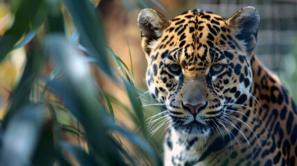 Obraz premium Jaguar in the wild. A majestic jaguar with piercing eyes is seen through the leaves in its natural habitat, showcasing its beautiful spotted coat and intense gaze..