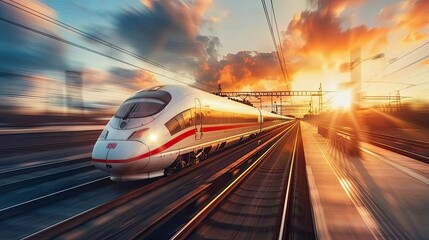 A high-speed train moves along the railway tracks at sunset. A modern high-speed passenger electric locomotive in white and orange colors, moving quickly through the autumn landscape.