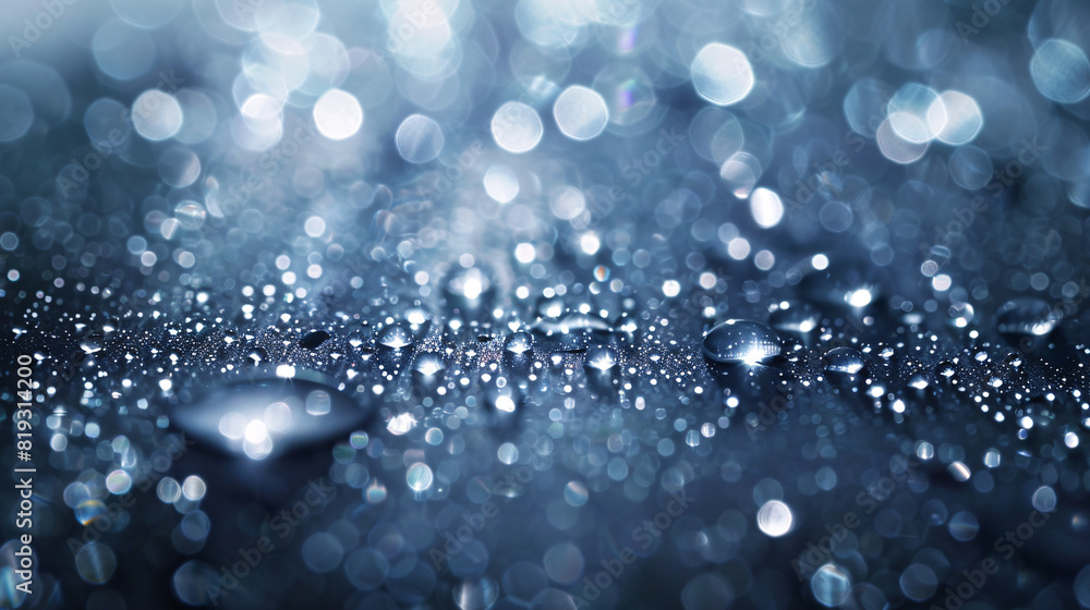 Poster water droplets on a reflective surface. close-up of water droplets on a smooth, reflective surface, 
