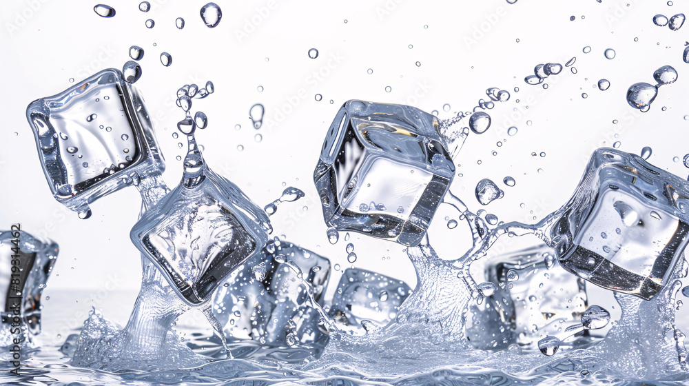 Poster ice cubes splashing into water. crystal clear ice cubes splash into a pool of water, capturing the d