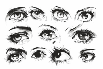 Set of hand drawn of eye with different emotions. set vector icon, white background, black colour icon