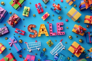 Experience the excitement of savings with our vibrant SALE event, featuring an array of shopping carts and gift boxes in a kaleidoscope of colors.