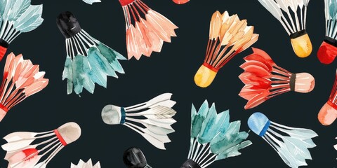 Seamless pattern badminton shuttlecock watercolor illustration. Hand drawn and isolated on a black background