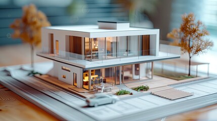 An architectural model showing the construction plan and all the details of a modern house. A close-up shot captures all the fine details.