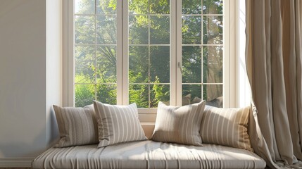 cozy window seat with velvet cushion and beige striped pillows, beige curtains on the right side of the window, daylight, window to the street, cozy interior design style.