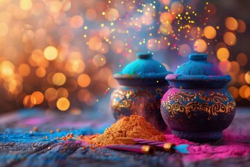 Three Colorful Holi Pots on Table With Bokeh Background