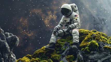 An astronaut sits on mossy grass against a background of a bright starry sky. Full-length portrait of an astronaut in high resolution with detailed cinematic effects.