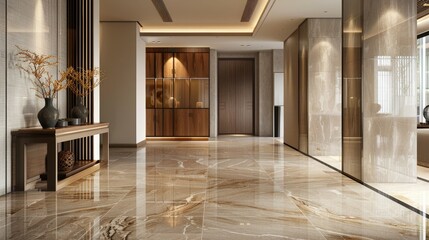 Contemporary interior design, entryway with marble floor tiles and wall panels in light brown tones, wooden cabinets on one side with empty space for artwork or vases.