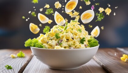 Eiersalat in einen Schüssel und die zutaten fallen von oben hinein.