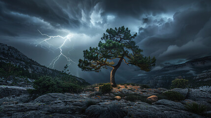 Dramatic Thunderstorm Over Lone Tree in Rugged Landscape - Powered by Adobe