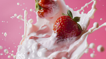 Strawberries falling into cream, milk or yoghurt on pink background, strawberry dessert