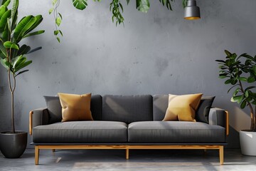 Minimalist living room with a sleek gray sofa, indoor plants, and modern decor elements, creating a calm and refreshing space with a focus on natural light and greenery
