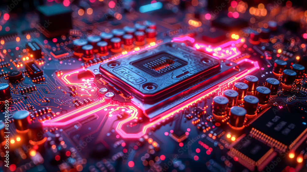 Poster a computer chip illuminated in red, suggesting activity or indicating a warning signal.