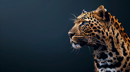 Capture the captivating image of a leopard in a dramatic side angle against a dark background