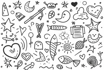Set of cute pen line doodle element vector. Hand drawn doodle  collection of speech bubble, arrow, rocket, butterfly, crown, heart. Design for decoration, sticker, idol poster, social media set v