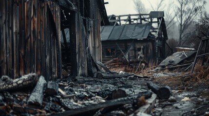 The aftermath of a fire in old wooden sheds. Background