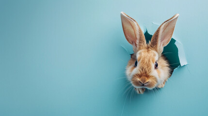 Obraz premium Rabbit Peeking Through a Hole in Blue Paper