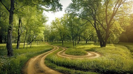  Dirt road surrounded by trees and flowers in a grassy area - Powered by Adobe