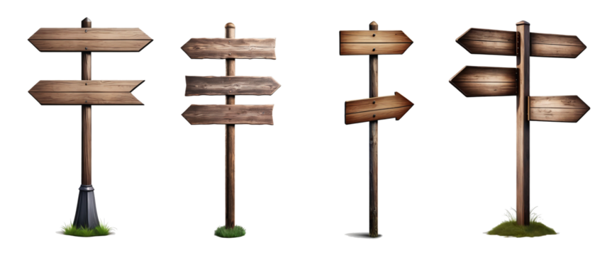 Blank empty wooden rustic signage sign board signpost post wood on transparent background cutout, PNG file. Many assorted different Mockup template for artwork design.