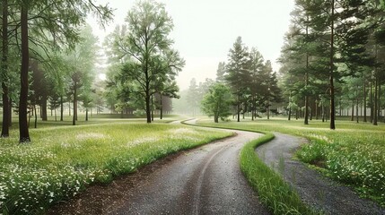 Obraz premium Dirt road between trees, grassy field on either side