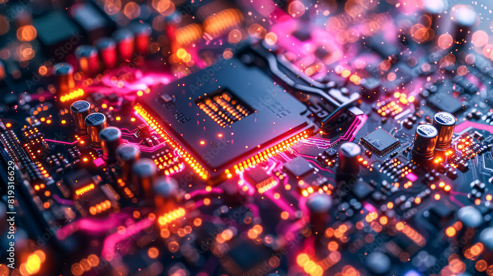 Poster a computer chip illuminated in red, suggesting activity or indicating a warning signal.