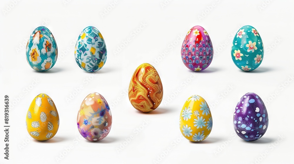 Poster a cluster of colorful eggs arranged on a white background, showcasing unique patterns