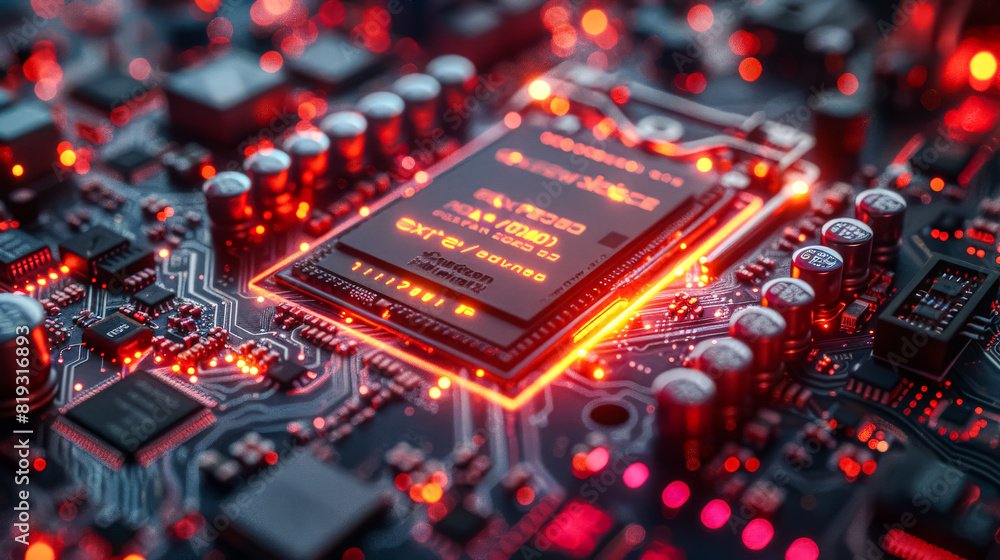 Poster a computer chip illuminated in red, suggesting activity or indicating a warning signal.