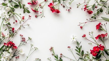 Frame wreath with red and white wildflowers, green leaves, branches on white background. Flat lay,