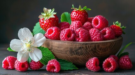   A wooden bowl filled with raspberries is placed beside a white flower A white flower rests atop...