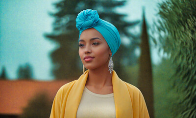 Gorgeous Mulatto Woman Modeling a Vibrant Headscarf