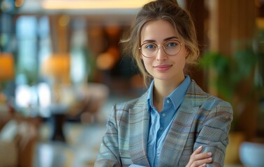 Fototapeta premium Professional Business Woman in Glasses Standing in Lobby