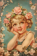 illustration of a sweet little girl with pink roses in her blonde hair, rosy cheeks, vintage poster, spring mood, light blue background, illustration // ai-generated 