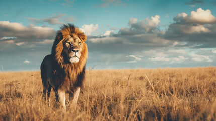 majestic lion in the savannah. A powerful and majestic lion stands tall in the savannah, with a beautiful blue sky and clouds in the background.. - Powered by Adobe