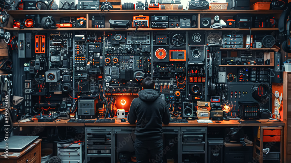 Poster a man sits at a computer desk in front of a wall of electronics. the wall is covered in wires and el