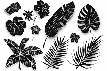 Collection of tropical leaves and flowers in flat  isolated on white background. set vector icon, white background, black colour icon