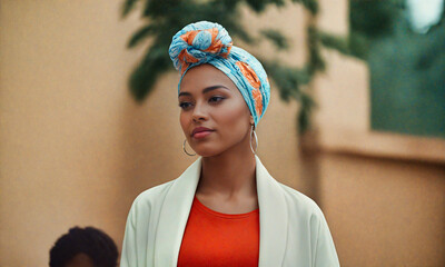 Elegant Mulatto Woman Posing Gracefully with a Colorful Headscarf