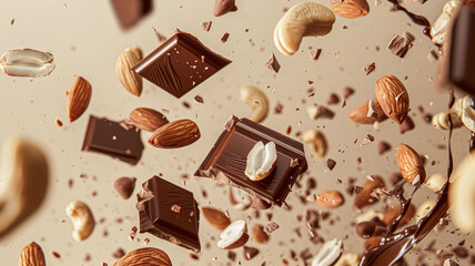 Nuts and chocolate splash, food dessert and confectionery industry