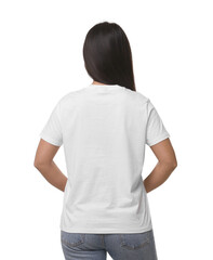 Woman wearing stylish t-shirt on white background, back view