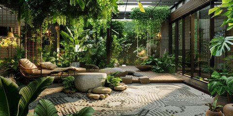 Obraz premium Lush Indoor Garden with Modern Furniture and Greenery