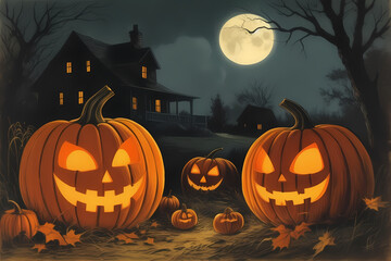 Explore a spooky illustration featuring Jack-O-Lanterns and an eerie old house, shrouded in mystery under the Halloween moon