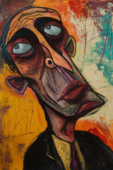 illustrated extreme caricature of an ugly unusual man with big eyes, nose and mouth, wearing a suit, heavy brushstrokes, funky surrealism, illustration // ai-generated 